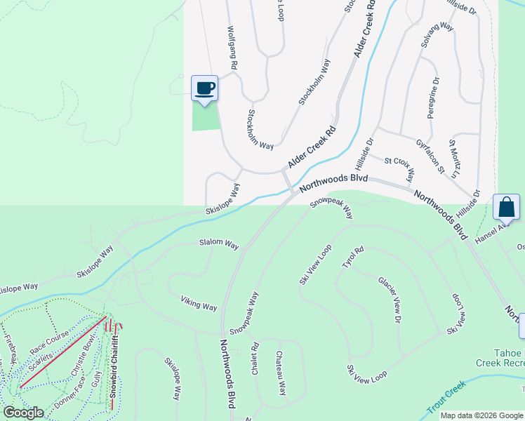 map of restaurants, bars, coffee shops, grocery stores, and more near 14047 Northwoods Blvd in Truckee