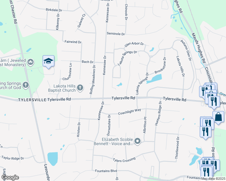 map of restaurants, bars, coffee shops, grocery stores, and more near 7320 Lakota Springs Drive in Butler County