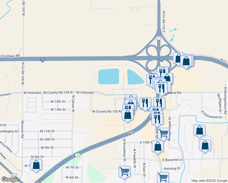 map of restaurants, bars, coffee shops, grocery stores, and more near Lake Point Drive in Greensburg