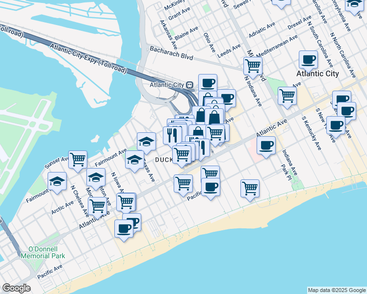map of restaurants, bars, coffee shops, grocery stores, and more near 20 North Mississippi Avenue in Atlantic City