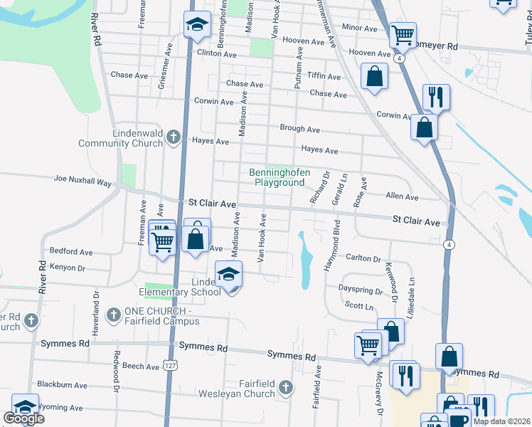 map of restaurants, bars, coffee shops, grocery stores, and more near 3880 Van Hook Avenue in Hamilton