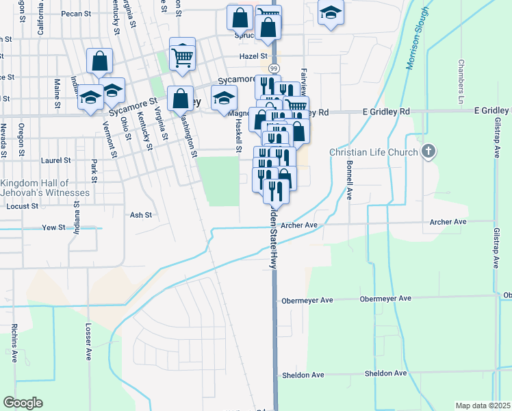 map of restaurants, bars, coffee shops, grocery stores, and more near 150 Haskell Street in Gridley