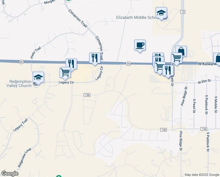 map of restaurants, bars, coffee shops, grocery stores, and more near 2484 Colorado 86 in Elizabeth