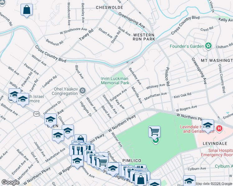 map of restaurants, bars, coffee shops, grocery stores, and more near 2908 Sulgrave Ave in Baltimore