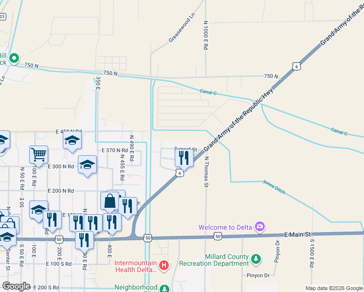 map of restaurants, bars, coffee shops, grocery stores, and more near 681 Sunset Street in Delta