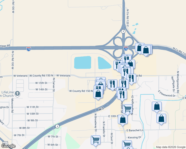 map of restaurants, bars, coffee shops, grocery stores, and more near 2301 North Broadway Street in Greensburg