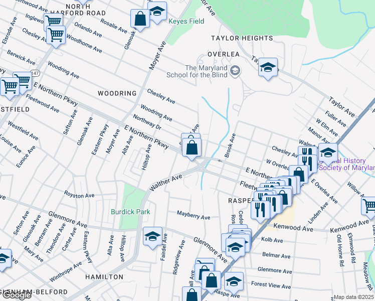 map of restaurants, bars, coffee shops, grocery stores, and more near 3610 East Northern Parkway in Baltimore