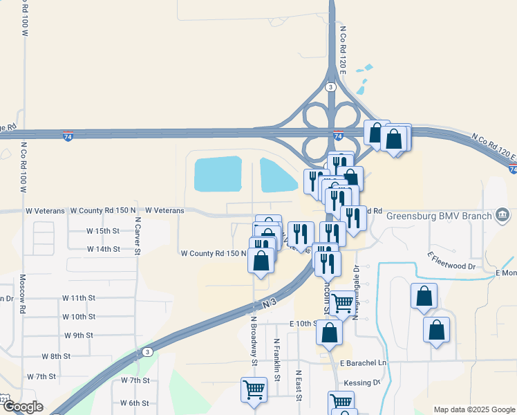 map of restaurants, bars, coffee shops, grocery stores, and more near 2301 North Broadway Street in Greensburg