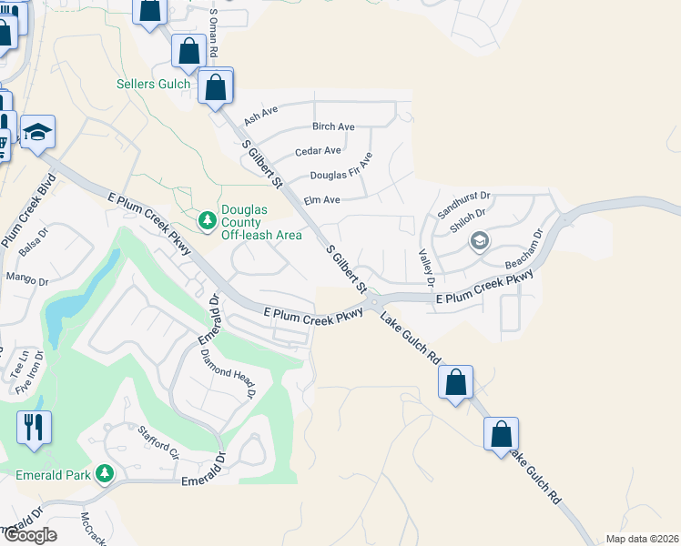 map of restaurants, bars, coffee shops, grocery stores, and more near 1253 South Gilbert Street in Castle Rock