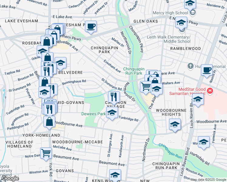 map of restaurants, bars, coffee shops, grocery stores, and more near 5644 Midwood Avenue in Baltimore