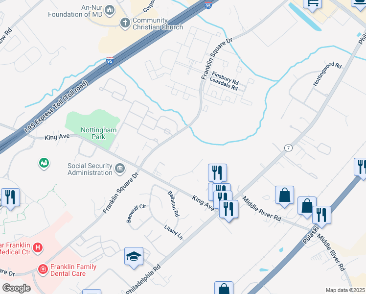 map of restaurants, bars, coffee shops, grocery stores, and more near 5338 King Arthur Circle in Rosedale