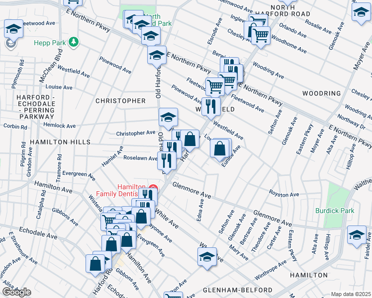 map of restaurants, bars, coffee shops, grocery stores, and more near 2926 Christopher Avenue in Baltimore