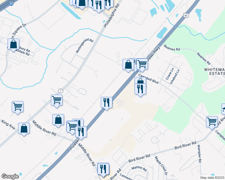 map of restaurants, bars, coffee shops, grocery stores, and more near 9810 Pulaski Highway in Middle River