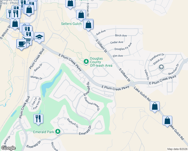 map of restaurants, bars, coffee shops, grocery stores, and more near 1336 Castle Creek Circle in Castle Rock