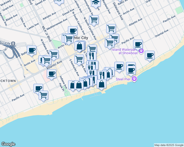 map of restaurants, bars, coffee shops, grocery stores, and more near 135 Saint James Place in Atlantic City