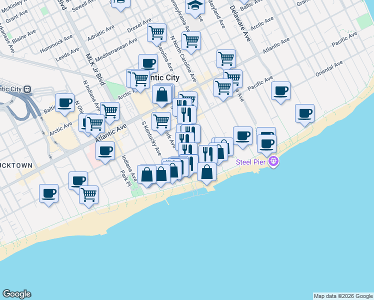 map of restaurants, bars, coffee shops, grocery stores, and more near 135 Saint James Place in Atlantic City