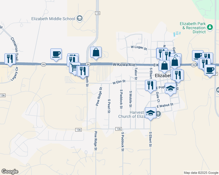 map of restaurants, bars, coffee shops, grocery stores, and more near 350 South Pearl Street in Elizabeth