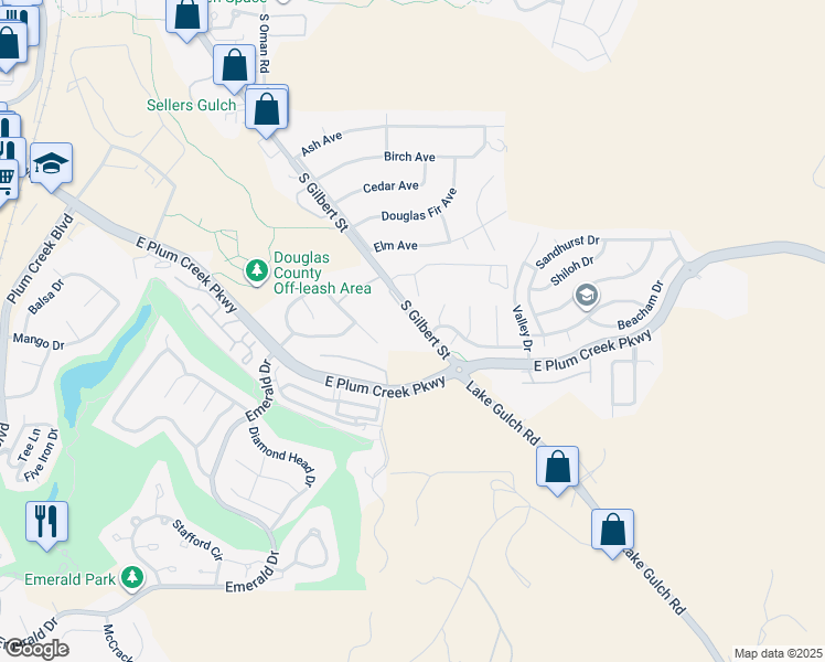 map of restaurants, bars, coffee shops, grocery stores, and more near 1251 South Gilbert Street in Castle Rock