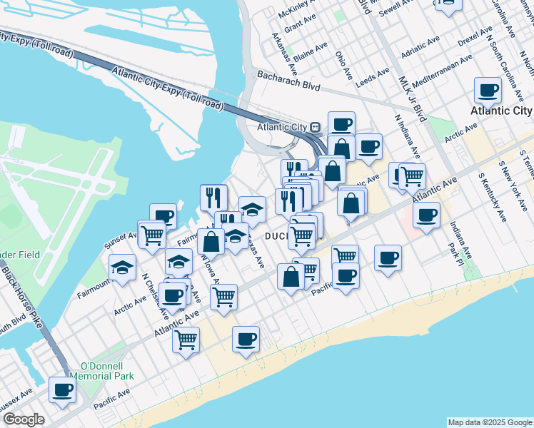 map of restaurants, bars, coffee shops, grocery stores, and more near 114 North Florida Avenue in Atlantic City