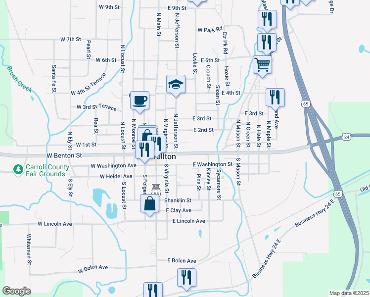 map of restaurants, bars, coffee shops, grocery stores, and more near 200-398 East Benton Street in Carrollton