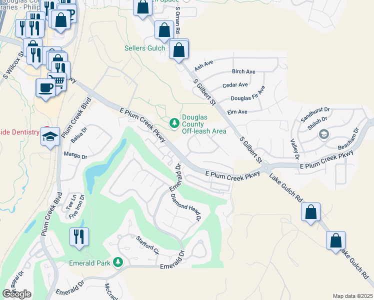 map of restaurants, bars, coffee shops, grocery stores, and more near 1336 Castle Creek Circle in Castle Rock