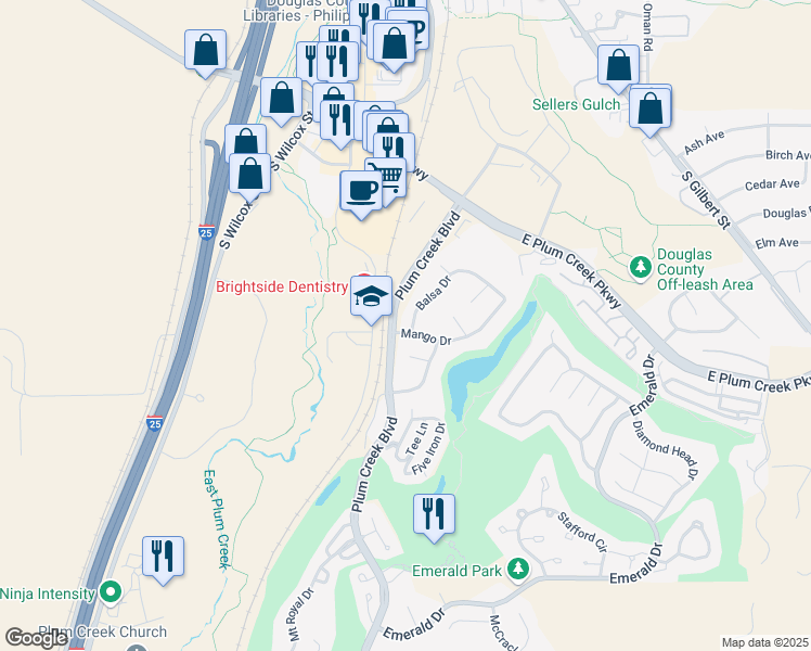 map of restaurants, bars, coffee shops, grocery stores, and more near 393 Balsa Drive in Castle Rock