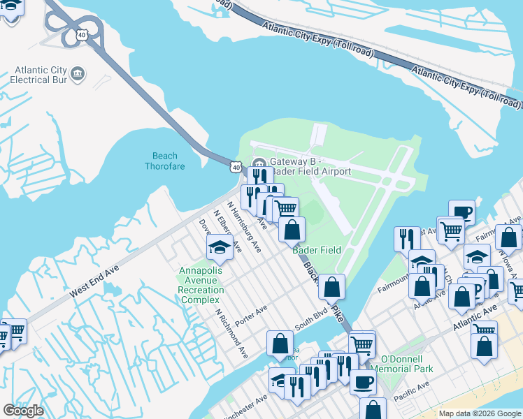 map of restaurants, bars, coffee shops, grocery stores, and more near 601 Crossan Avenue in Atlantic City