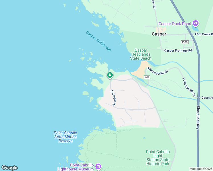 map of restaurants, bars, coffee shops, grocery stores, and more near 45551 South Caspar Drive in Mendocino