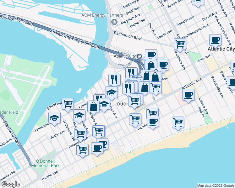 map of restaurants, bars, coffee shops, grocery stores, and more near 123 North Florida Avenue in Atlantic City