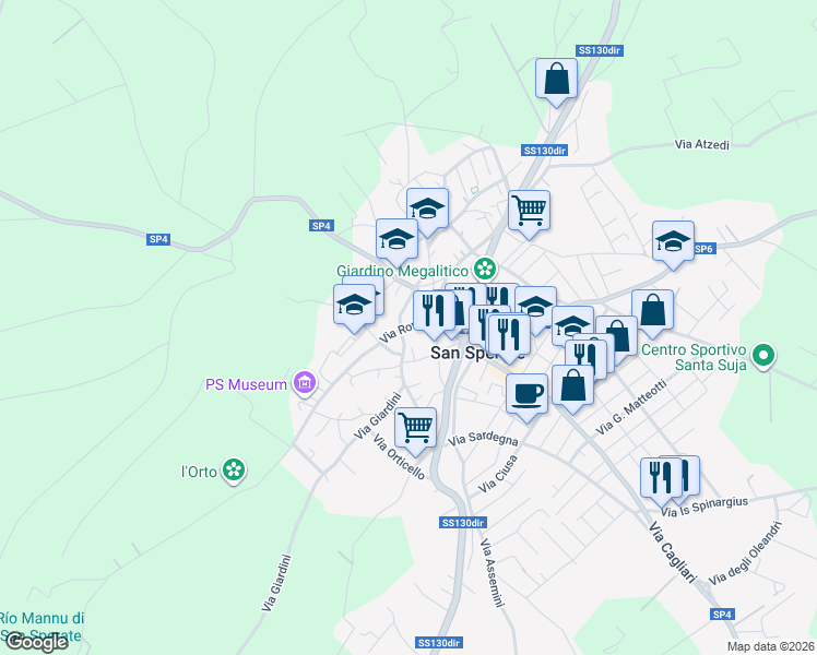 map of restaurants, bars, coffee shops, grocery stores, and more near 24 Via V. Emanuele in San Sperate