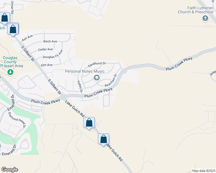 map of restaurants, bars, coffee shops, grocery stores, and more near 2216 Beacham Drive in Castle Rock