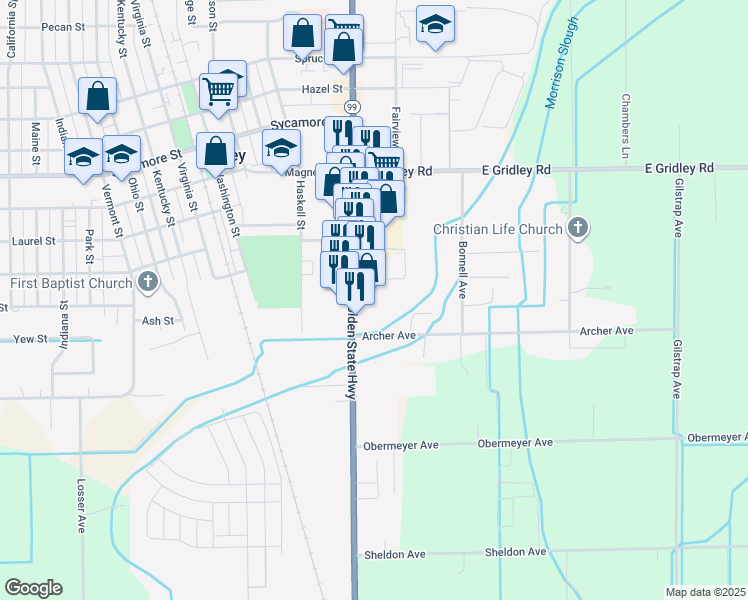 map of restaurants, bars, coffee shops, grocery stores, and more near 1460 California 99 in Gridley