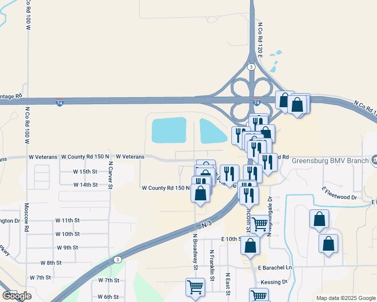 map of restaurants, bars, coffee shops, grocery stores, and more near Lake Point Drive in Greensburg