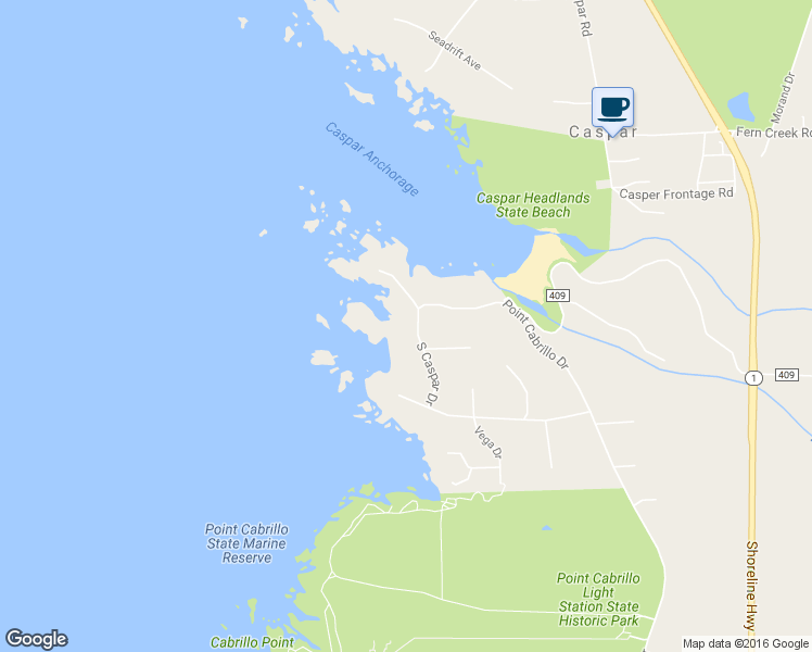 map of restaurants, bars, coffee shops, grocery stores, and more near 45551 South Caspar Drive in Mendocino