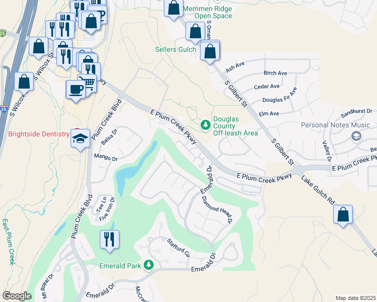map of restaurants, bars, coffee shops, grocery stores, and more near 1100 East Plum Creek Parkway in Castle Rock