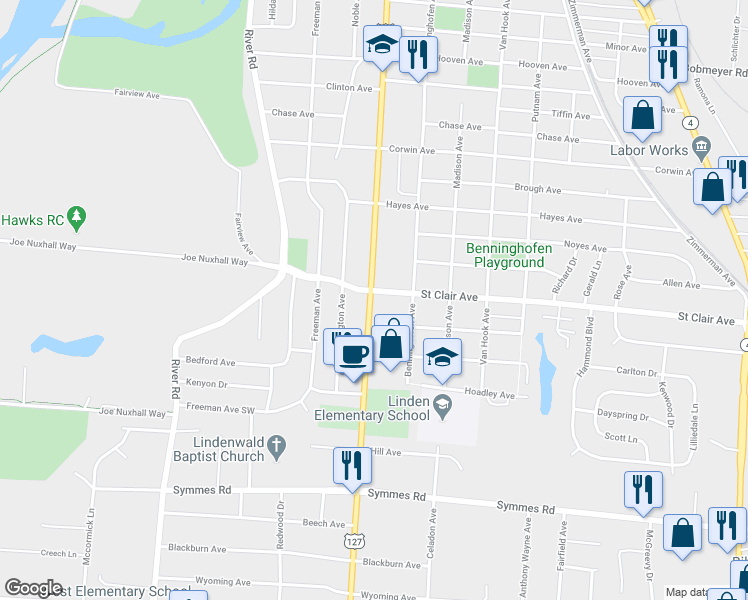 map of restaurants, bars, coffee shops, grocery stores, and more near 3880 Pleasant Avenue in Hamilton