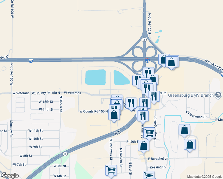 map of restaurants, bars, coffee shops, grocery stores, and more near 2301 North Broadway Street in Greensburg
