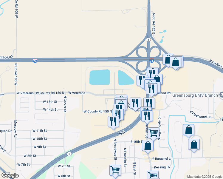 map of restaurants, bars, coffee shops, grocery stores, and more near 2301 North Broadway Street in Greensburg