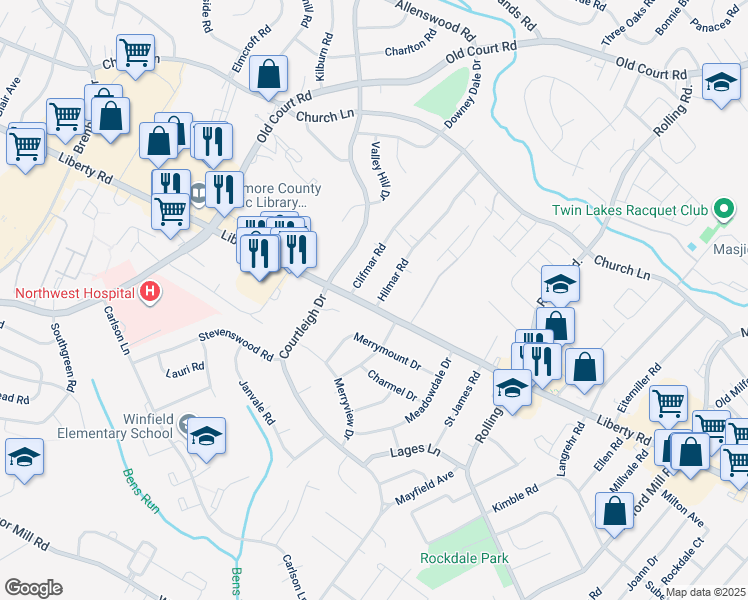 map of restaurants, bars, coffee shops, grocery stores, and more near 8400 Liberty Road in Baltimore
