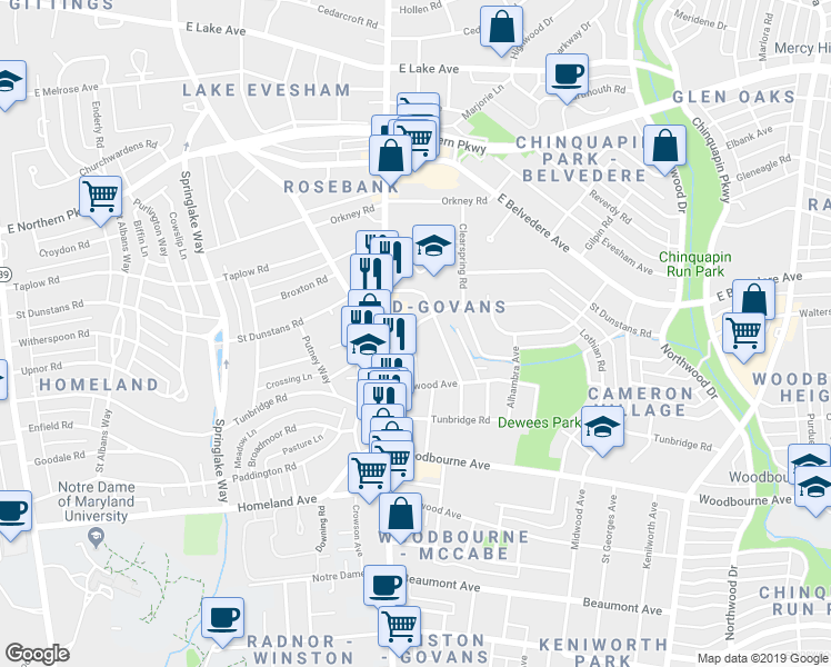 map of restaurants, bars, coffee shops, grocery stores, and more near 533 Benninghaus Road in Baltimore