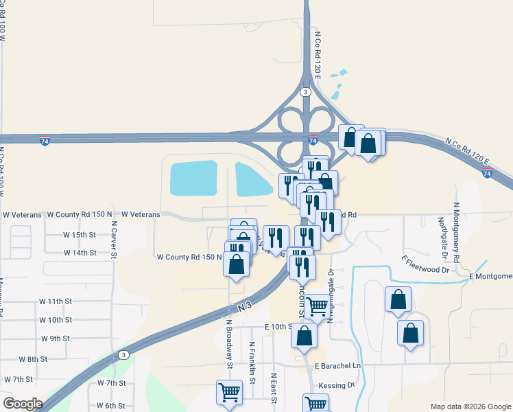 map of restaurants, bars, coffee shops, grocery stores, and more near 2211 Indiana 3 in Greensburg