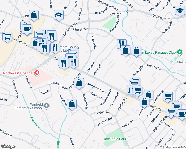 map of restaurants, bars, coffee shops, grocery stores, and more near 8400 Liberty Road in Baltimore
