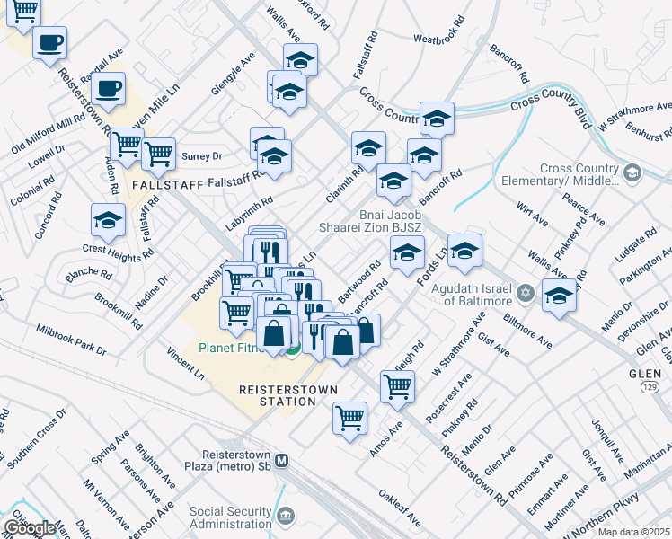 map of restaurants, bars, coffee shops, grocery stores, and more near 3818 Midheights Road in Baltimore