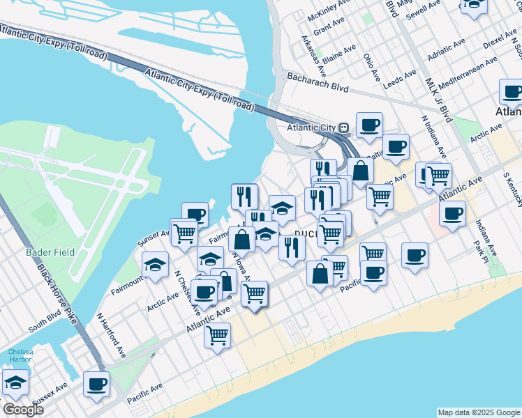 map of restaurants, bars, coffee shops, grocery stores, and more near 126 North Texas Avenue in Atlantic City