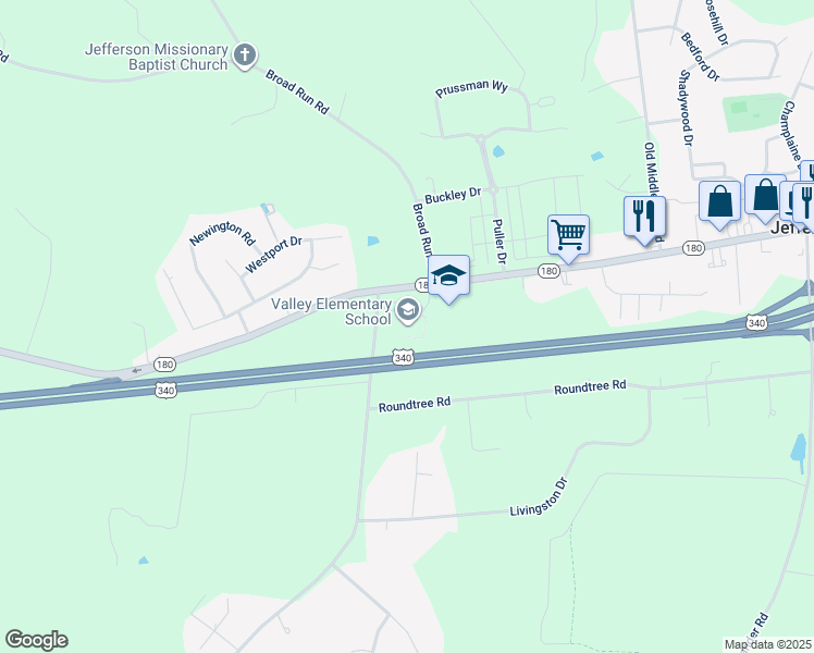 map of restaurants, bars, coffee shops, grocery stores, and more near 3519 Jefferson Pike in Jefferson