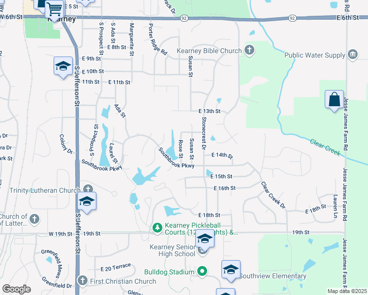map of restaurants, bars, coffee shops, grocery stores, and more near 1405 Rose Street in Kearney