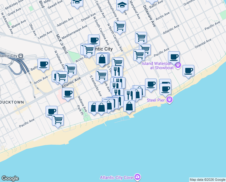 map of restaurants, bars, coffee shops, grocery stores, and more near 135 Saint James Place in Atlantic City