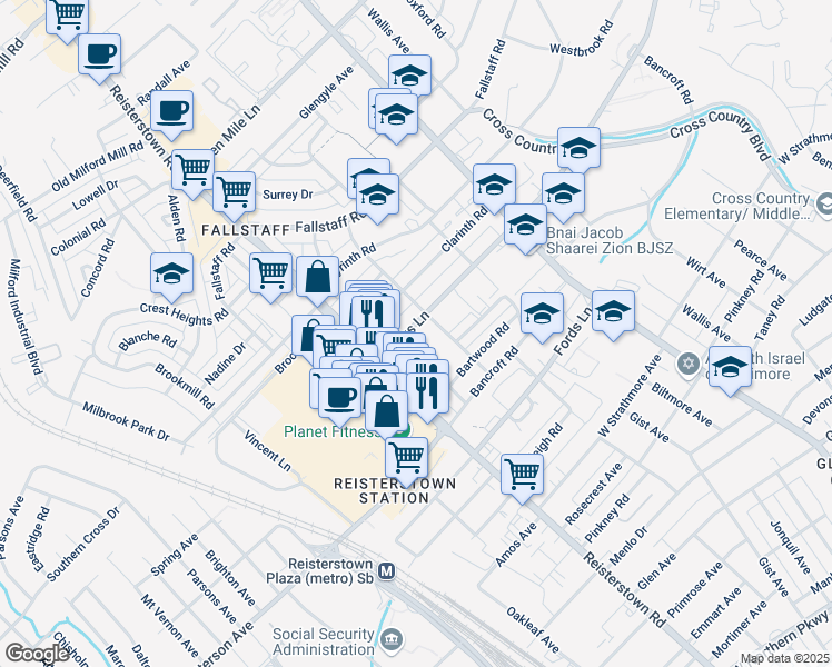 map of restaurants, bars, coffee shops, grocery stores, and more near 3919 Clarks Lane in Baltimore