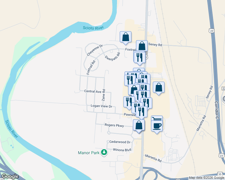 map of restaurants, bars, coffee shops, grocery stores, and more near 344 Zane Road in Chillicothe