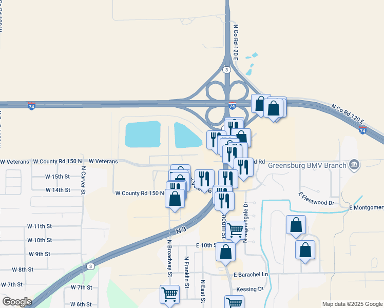 map of restaurants, bars, coffee shops, grocery stores, and more near 2211 Indiana 3 in Greensburg
